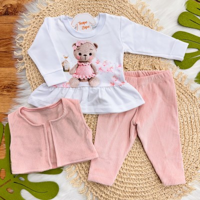 Conj. Colete, Blusa Ursinha de Crocê e Calça de Veludo Canelado - Rosa